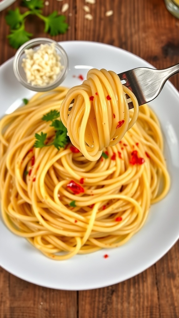 A delicious plate of spaghetti aglio e olio with garlic, olive oil, and parsley on a rustic table.